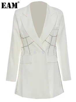 [EEM] Kadınlar Beyaz Rhinestones Uzun Blazer Yeni Yaka Uzun Kollu Gevşek Fit Ceket Moda Gelgit Bahar Sonbahar 2023 1DE6116  4