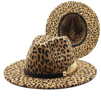2021 kış fötr şapkalar kadınlar için moda Düz geniş Kenarlı Panama Yün Keçe Caz fötr şapkalar erkekler için Leopar goth üst düğün Şapka  5