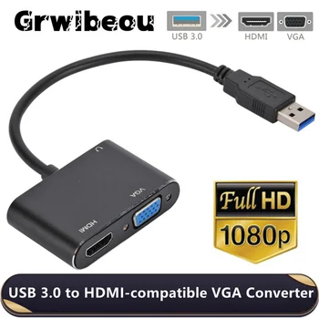 Grwıbeou 2in1 USB 3.0 HDMI uyumlu VGA Dönüştürücü Çift Çıkış 1080P USB VGA HDMI adaptör Kablosu Mac OS Windows için 7/8/10  10