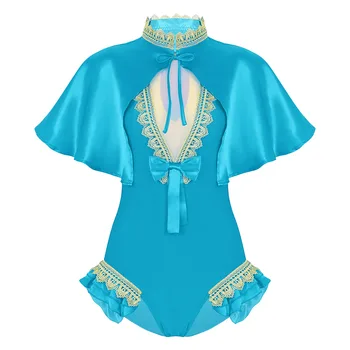 Cadılar bayramı Cosplay Kostüm Bayan süslü elbise Parlak Saten Pelerin Üst Yüksek Kesim Leotard Bodysuit Karnaval Roleplay Kıyafet  5