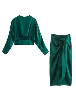 KLKXMYT TRAF Kadın 2 Parça Bluz Ve Etek Setleri 2023 Yeni Moda Saten Üstleri Takım Elbise + Midi Etek İki Adet Set Bayan Kıyafetler  5