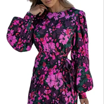 2022 Yeni Kadın Baskılı Çiçekler yaz elbisesi Uzun Kollu Kadın Bahar Elbise Lace Up rahat elbise 3 Renkler Drop Shipping  5