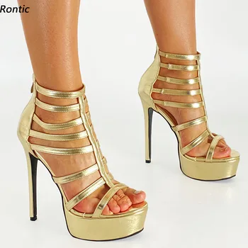 Rontıc El Yapımı Kadın platform sandaletler Gladyatör Seksi Stiletto Topuklu Burnu açık Muhteşem Altın Gümüş Gece Kulübü Ayakkabı ABD Boyutu 5-20  10