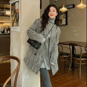 Xiaoxiangfeng siyah ve beyaz balıksırtı yün ceket kadın 2021 sonbahar ve kış pamuk orta uzun takım elbise yaka yün ceket  10