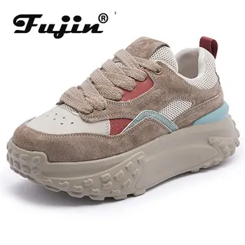 Fujin 6 cm Hakiki Deri Platformu Örgü Nefes Sneakers Tıknaz Gizli Topuk Karışık Renk Kadın Sonbahar Bahar vulkanize Ayakkabı  10