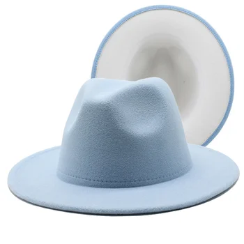 Yeni Erkek Kadın Gökyüzü mavi beyaz Patchwork Yün Keçe Disket Caz fötr şapkalar Moda Parti Resmi Şapka Geniş Brim Panama Fötr Kap  5