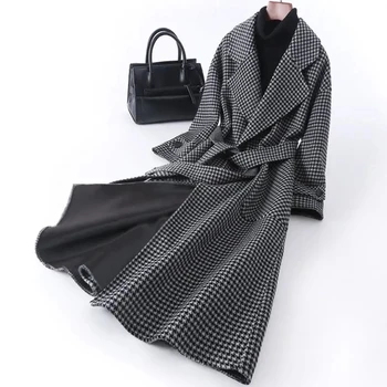 Klasik şık Kış Ceket ceket Kadın Balıksırtı Yün Ceket Orta Uzunlukta karışımlı Yün Palto Kadın Giyim Kemer İle 5XL  5