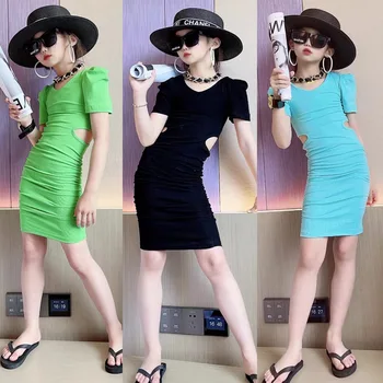 Kızlar Sıkı Uzun Üstleri Yaz Bebek Streetwear Moda Cut-out Bel Yeşil Siyah Genç Kız Elbise 5 6 8 10 12 yıl  10