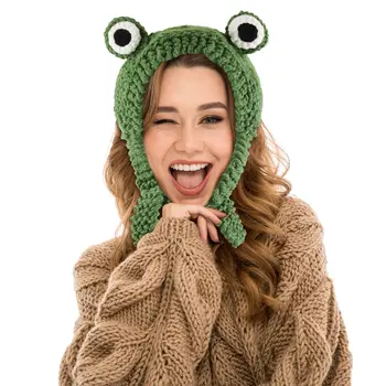 Sevimli Kafa Bandı Kurbağa Şapka Tığ Örme Açık Havada Büyük Göz Kış Kulaklığı Kulak Koruyucu Bere Kap Kış çizgi film kostümü Aksesuar Hediyeler  4