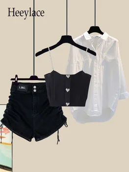 Kadın Yaz setleri Streetwear Gotik Zincir Yelek + beyaz Güneş Koruyucu Bluz + kot Şort 3 Parça Set Kadınlar İçin Y2k Kıyafetler 2022 Takım  5