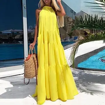  ZANZEA Kadınlar Sundress 2022 Yaz Zarif Halter Boyun Maxi Ruffles Elbise Kadın Plaj Elbiseleri Sarafanlar Casual Vestidos  5