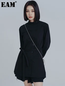 [EEM] Kadınlar Siyah Bandaj Düzensiz Midi Gömlek Elbise Yeni Standı Yaka Uzun Kollu Gevşek Moda Gelgit Bahar Sonbahar 2023 1DE6574  5