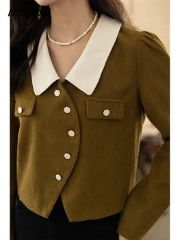MİSHOW Sonbahar 2022 kadın ceketi Mizaç Kadife V Yaka Katı Vintage Düğme Tek Göğüslü kısa elbise Mont MXB32W0376  5