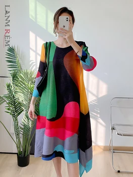 LANMREM Kontrast Renk Pilili Elbise kadın Yuvarlak Boyun Gevşek Düzensiz Baskı Elbiseler Kadın 2023 İlkbahar Yaz Yeni 2R1504  5