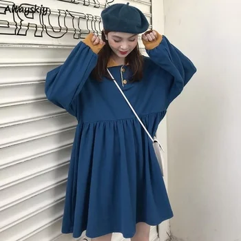 Uzun Kollu Elbiseler Kadın Basit Retro Turn-aşağı Yaka Chic Patchwork Kore Tarzı Yeni Moda Bahar Mini Elbise Dişiler Nazik  5