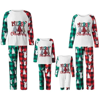 2022 Yeni Noel Aile Eşleştirme Pijama Seti Geyik Ekose Patchwork Ebeveyn-çocuk 2 Adet Pijama Bebek Romper Köpek Eşarp Pijama  10