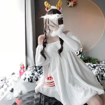 2022 Kadın Noel Noel Bayan Noel Baba Cadılar Bayramı Cosplay Egzotik Kostüm Off-Omuz Beyaz Kış Uzun Kollu Elbise  5