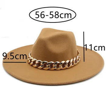 Fötr şapkalar Büyük Ağız 9.5 cm Panama Kalın Altın Zincir Erkek Kadın Şapka Kış Geniş Ağız Keçeli Fedoras Kış Şapka Sombreros De Mujer  5