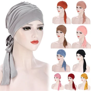 Müslüman Kadınlar Streç Katı Kırışıklık Türban Şapka Kanser Kemo Kasketleri Kapaklar Önceden Bağlı Eşarp Şapkalar Headwrap Kaplama saç aksesuarları  5