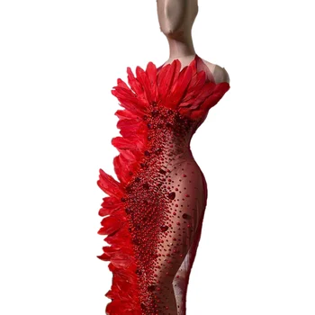 Lüks Kırmızı Kristal Akşam See Through Örgü Elbise Kadın Ziyafet Halter Rhinestone Tüy Elbise Seksi Parti Kat Uzunluk Elbise  5