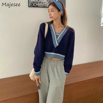 Kazak Bayan Gevşek Moda Kırpılmış Üstleri Minimalist Öğrenciler Kore Tarzı Harajuku Streetwear Casual Tops Kazak Patchwork Ins  10