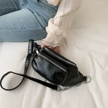 Kadın Bel Çantası Moda deri kemer Göğüs paketi Zincir Fanny paketleri Kadınlar için Siyah Katı Çift Fermuarlı Muz BumBag Telefon Kılıfı  10