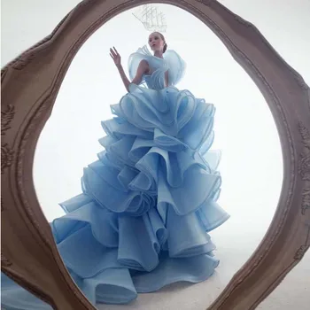 İnanılmaz 3D Tasarım Ruffled Katmanlı Balo Elbise Kadınlar 2023 Kabarık Gök Mavisi Derin V Boyun Backless Uzun Tren Organze Hamile Elbisesi  5