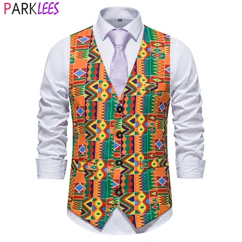 Erkek Afrika Tribal Grafik Baskılı Takım Elbise Yelek 2022 Marka Yeni Slim Fit Smokin Yelek Kolsuz Yelek Hippi Chaleco Hombre  10