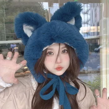 Büyük Kulak Örme Şapka Kadife Sıcak Örme kulak koruyucu şapka Kazak Şapka Kore Sevimli kadın Yeni Renk Göl Mavi Peluş top şapka  5