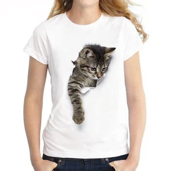 S-3XL 2022 Kadın 3D Kedi Baskı Beyaz Yumuşak Rahat Bayan T-Shirt Yaz Kısa Kollu Hayvan Yuvarlak Boyun Ucuz Giysiler Üst Femme  4