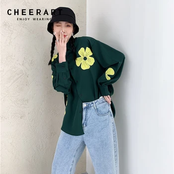 CHEERART Tasarımcı Koyu Yeşil Düğme Yakalı Gömlek Kadın Çiçek Yama Uzun Kollu Üst Ve Bluzlar Güz 2021 Kore Moda  5