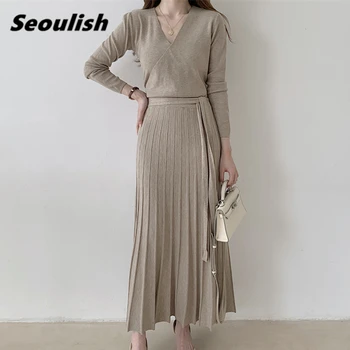 Seoulish Sonbahar Kış Katı Çapraz V Yaka Zarif Örgü evaze elbise 2021 Yeni Lace Up Uzun Kollu Ofis Kazak Elbise Kadın  4