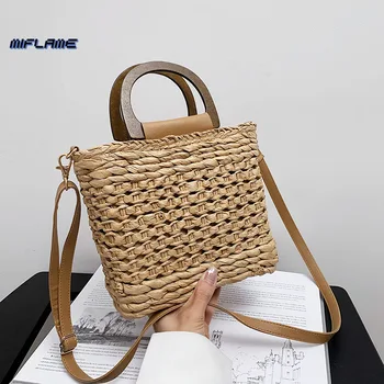 Saman torbaları Yaz 2022 Yeni kadın büyük el çantası Çanta tasarımcı çantaları Çantalar Örgü İpli Kapatma Ahşap Saplı Plaj omuzdan askili çanta  10