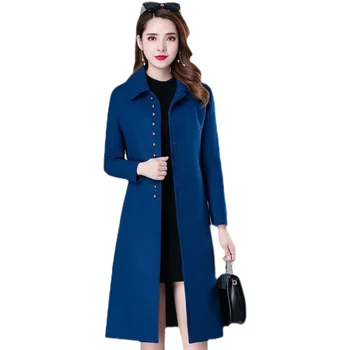 Yüksek Kaliteli Uzun Yün Ceket Kadın Moda Sonbahar Kış Kore Zarif İnce Karışımlı Yün Wom Ceket Mavi Siyah Kırmızı Giyim  5