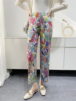 Graffiti Serisi Miyake issey Miyake Pilili pantolon kadın Düz Kırpılmış Pantolon Geniş Bacak Pantolon Yaz Yeni 2022 Dijital Baskı Pantolon  4