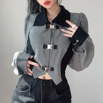 Patchwork Moda Y2K Üstleri Kadın Vintage Uzun Kollu Düğme Gömlek Kore Bluz Seksi Turn-aşağı Yaka Kırpma Üst 2022 Yeni  5