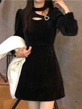 Bahar Seksi Siyah Gotik Elbise Kadınlar Zarif Parti Kadife Mini Elbise Kadın Rahat Uzun Kollu Kore Moda Lolita Elbise 2022  5