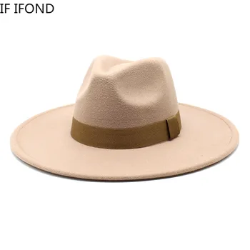 Kadınlar için şapka 9.5 cm Büyük Ağız Keçeli Fedoras Şapkalar Katı Kış Resmi Düğün Caz Şapka Kurdele İle Süslemeleri Sombreros De Mujer  5
