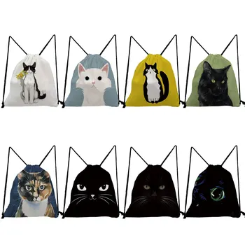 Sırt çantası Siyah Kedi Baskı Yüksek Kapasiteli çocuk İpli Cep Sevimli Kawaii Hayvan Sanat Boyama Rahat Taşınabilir ayakkabı çantaları  10