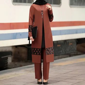 2022 Yama Tasarımları Şifon Müslüman Kadınlar Uzun Üstleri İslam Setleri Kadınlar Müslüman Pantolon Ramazan Namaz Giyim 2 Parça Set  5