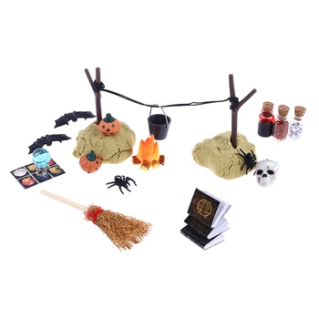 1 Takım 1/12 Dollhouse Minyatür Cadılar Bayramı Korku Dekor Kabak Yarasa Kafatası Kafa Süpürge Örümcek Kafa Sihirli Kitap Süsleme DIY Bebek Evi  5