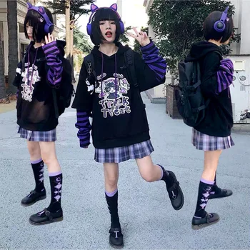 Japon Tarzı Anime Tatlı Bayan Hoodie Çizgi Film karakteri Kız Gotik Koyu Tarzı Kapşonlu Sahte İki Parçalı Gevşek Trend Üst Jk Etek  5