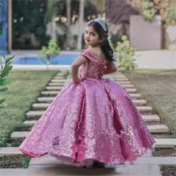 Mor Payetli Çiçek Kız Elbise Glitz Pageant Elbise Kızlar için Prenses Kapalı Omuz Korse Geri Çocuk Kız Parti Törenlerinde  10