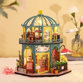 CUTEBEE DIY Dollhouse Minyatür Yapı Kitleri Çiçek Cafee Küçük Ev Pembe Bahçe Mobilyaları Oyuncaklar Çocuklar İçin Çocuk doğum günü hediyesi  4