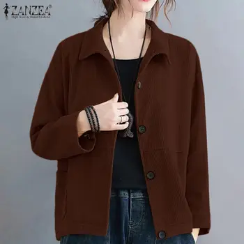 Vintage Sonbahar Kadife Cotas ZANZEA Kadınlar Uzun Kollu Katı günlük ceketler Gevşek Gömlek Tunik Üstleri Yaka Boyun Düğmeleri Dış Giyim  10