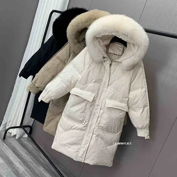 Kış Beyaz Ördek şişme ceket kadınlar 2022 Yeni Moda Doğal Tilki Kürk Yaka Uzun Kapşonlu uzun kaban Kadın Ofis Bayan Kalın sıcak  5