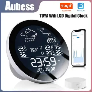 Tuya Wifi Ev Hava İstasyonu Büyük LCD Kapalı Ve Açık Dijital Termometre Higrometre çalar saat TH Sensörü APP Kontrolü  10