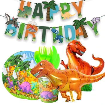 Dino Doğum Günü Banner Dispossable Tabelware Set Dinozor Helyum Folyo Balonlar Doğum Günü Parti Malzemeleri Safari Jungle Parti Fovors  10