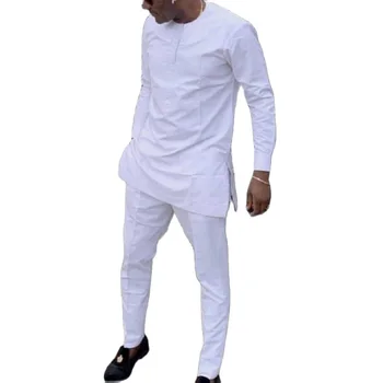 Erkek gömleği Katı Beyaz Uzun Kollu Üstleri + Pantolon Sadelik Tasarım Pantolon Takım Elbise Afrika Kıyafetler Parti Giyim  10