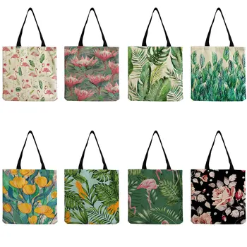 Açık Seyahat Eko Kullanımlık Büyük Kapasiteli Alışveriş omuz çantaları Kadın Çanta Güzel Çiçek Bitki Baskı Çanta Tote Çanta  5